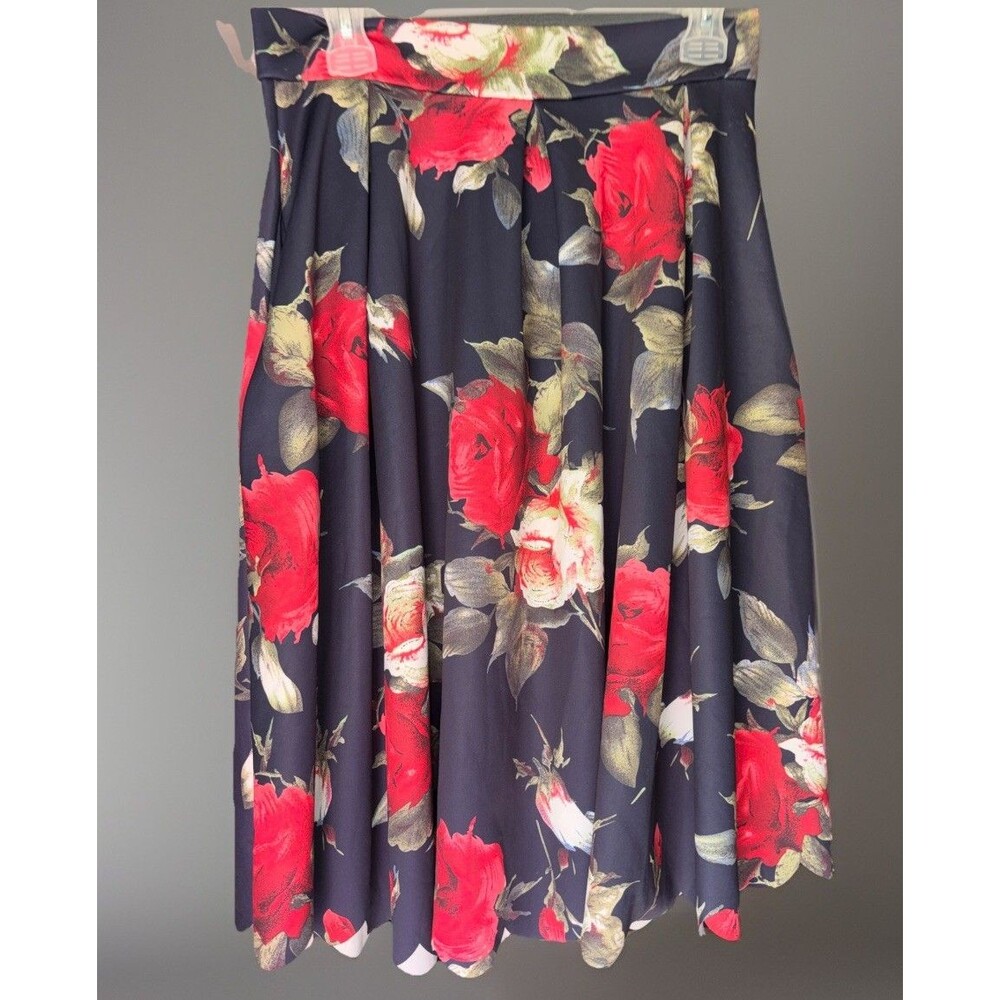 12PM Mon Ami Stitch Fix Black Red Rose Floral Pleat Aline Skirt Lg But Small